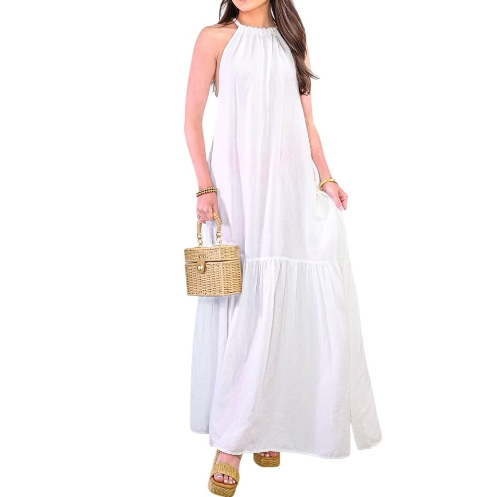Elan High Neck Tiered Halter Maxi Dress White Linen Blend Relaxed Flowy Fit NWT - Picture 6 of 15